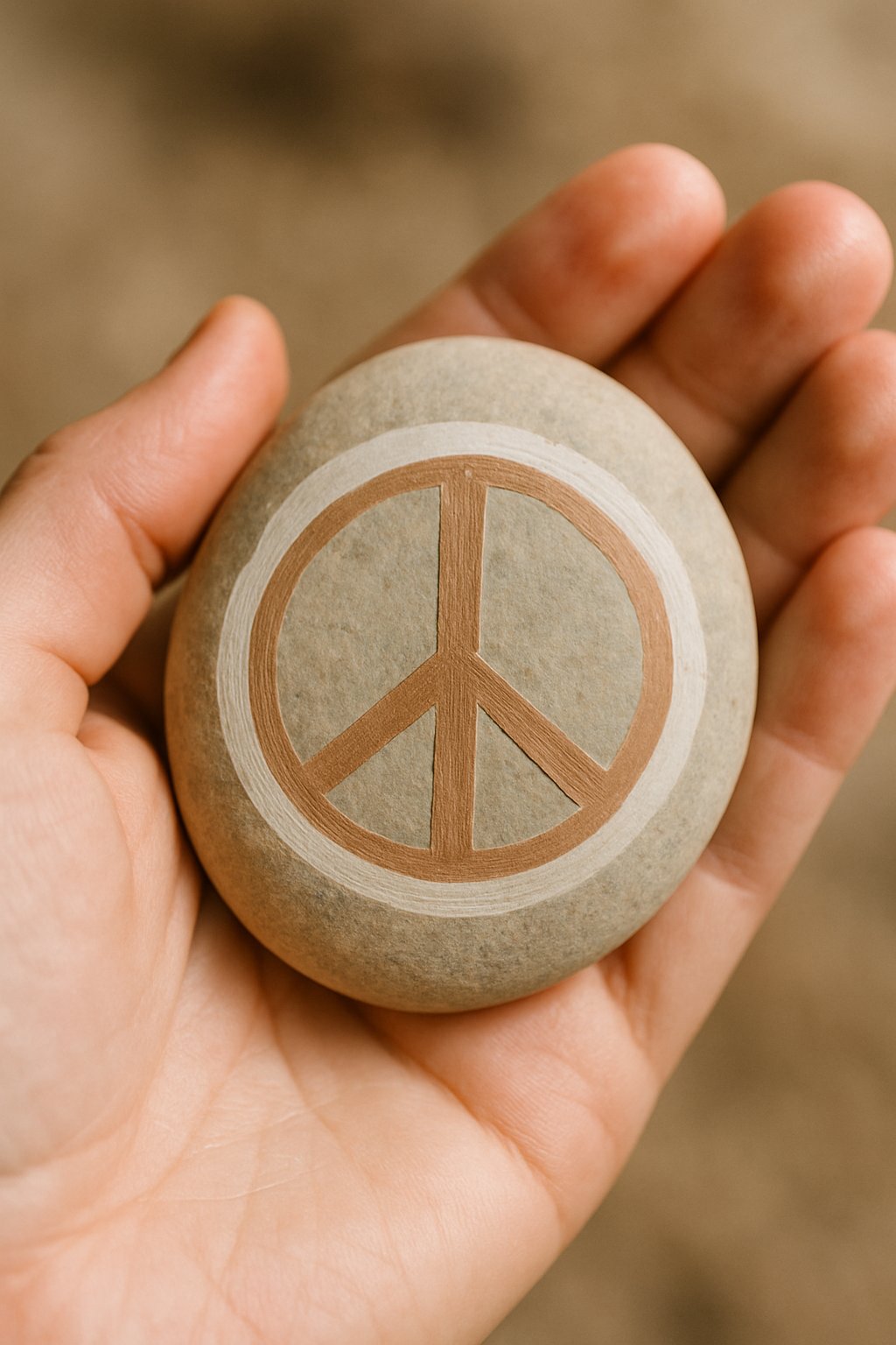 A hand holding a smooth river rock painted with a peace sign symbol.