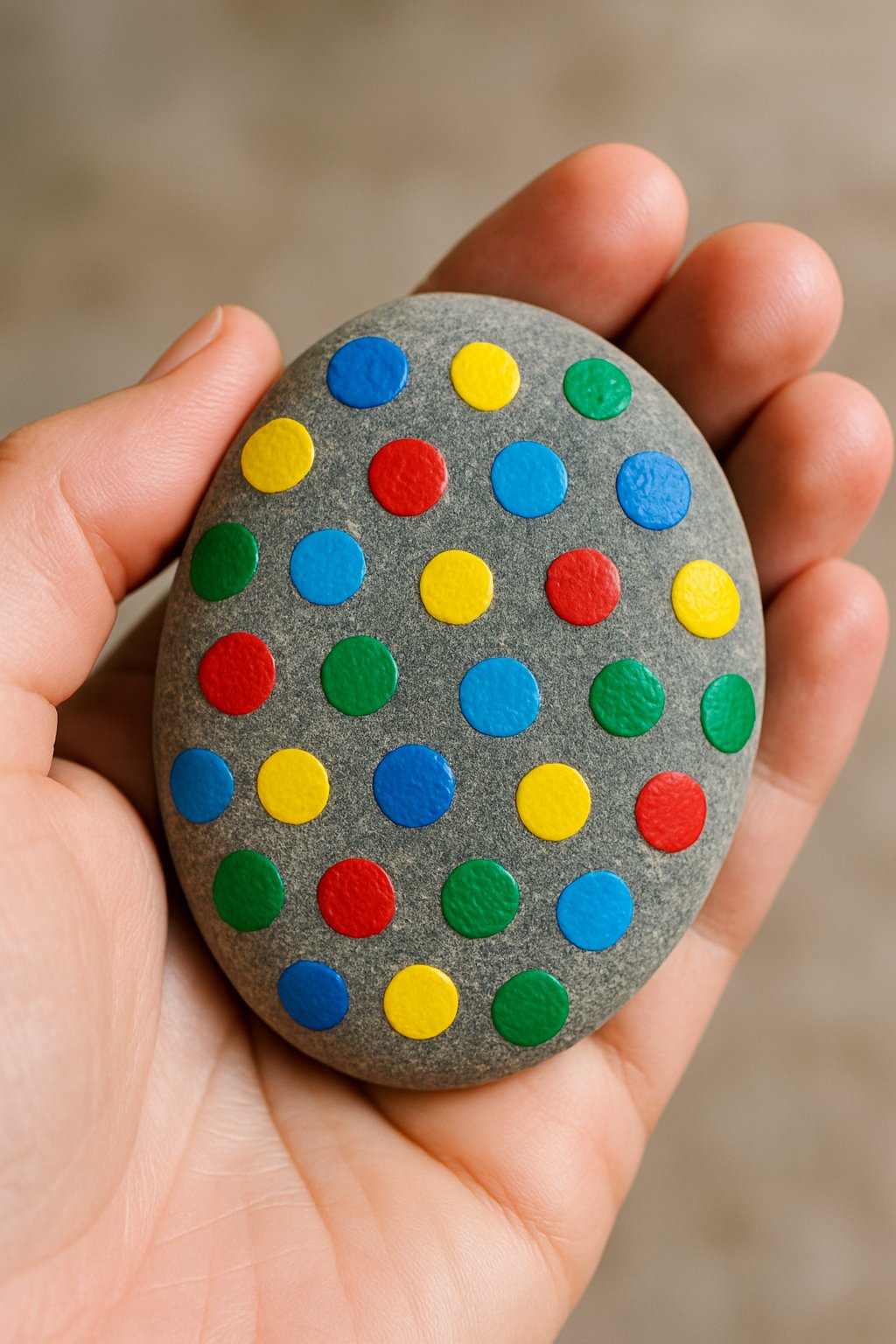 A hand holding a smooth river rock painted with colorful polka dots.