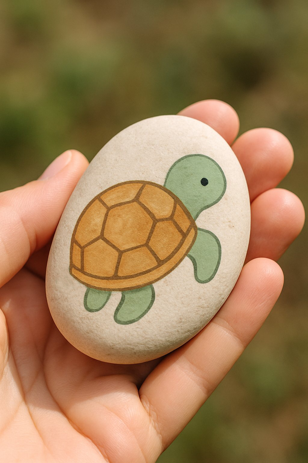 A hand holds a smooth stone painted with a simple, cute turtle featuring a green body and a brown shell, against a blurred outdoor background.