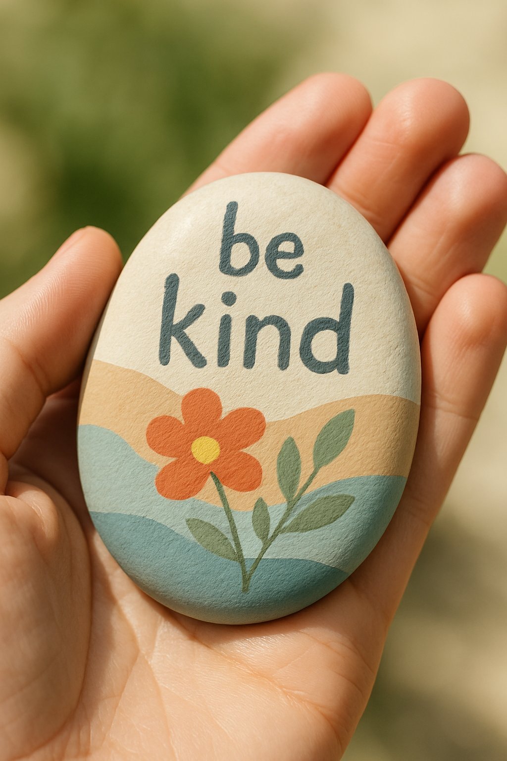 A hand holding a smooth river rock painted with a simple, colorful design.