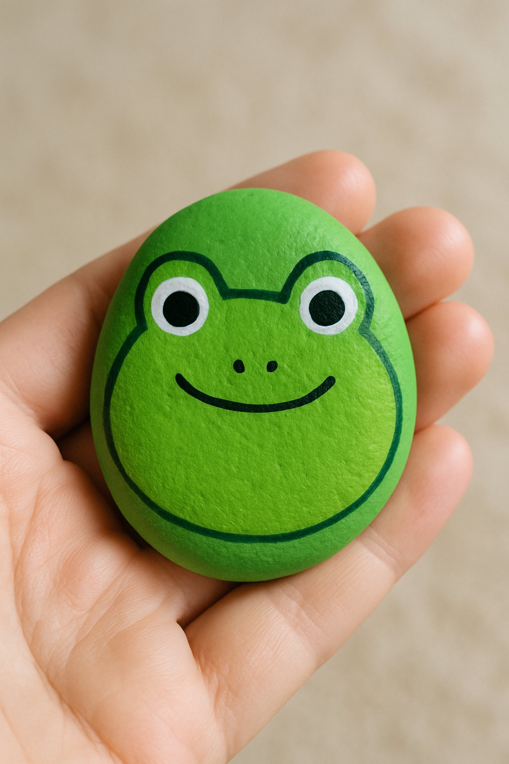 A hand holding a smooth river rock painted with a cute frog face.