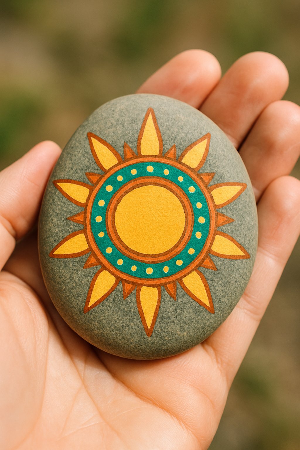 A hand holding a smooth painted river rock with a sun design.