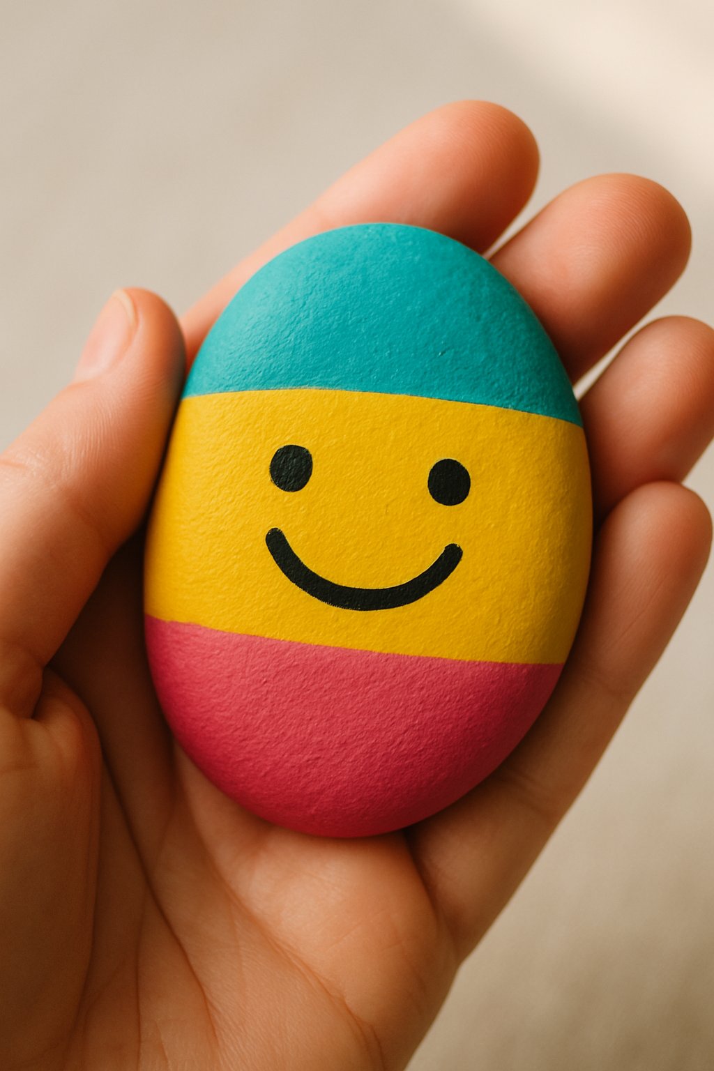 A hand holding a smooth river rock painted with a happy face.