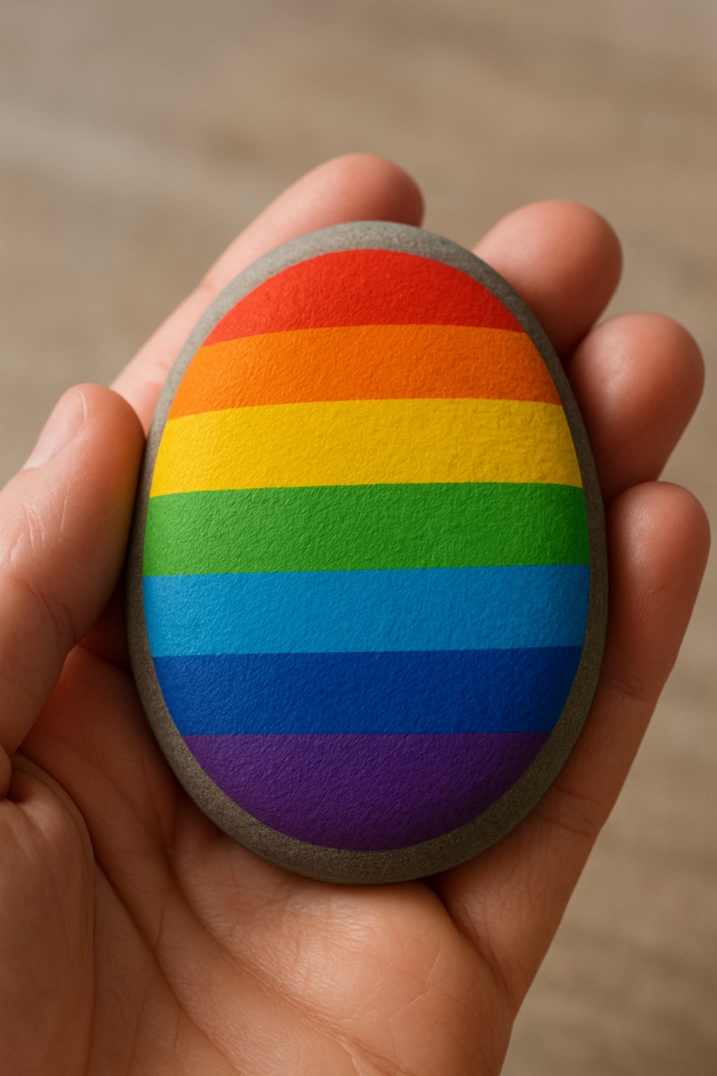 A hand holding a smooth river rock painted with colorful striped rainbow patterns.