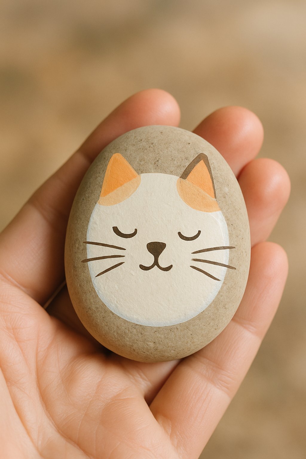 A hand holding a smooth river rock painted with a simple cat face design.