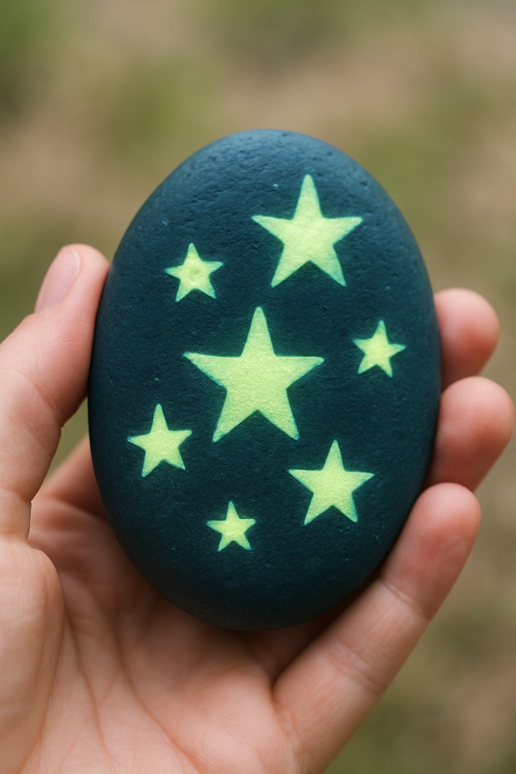 A hand holding a smooth river rock painted with star shapes that softly glow.