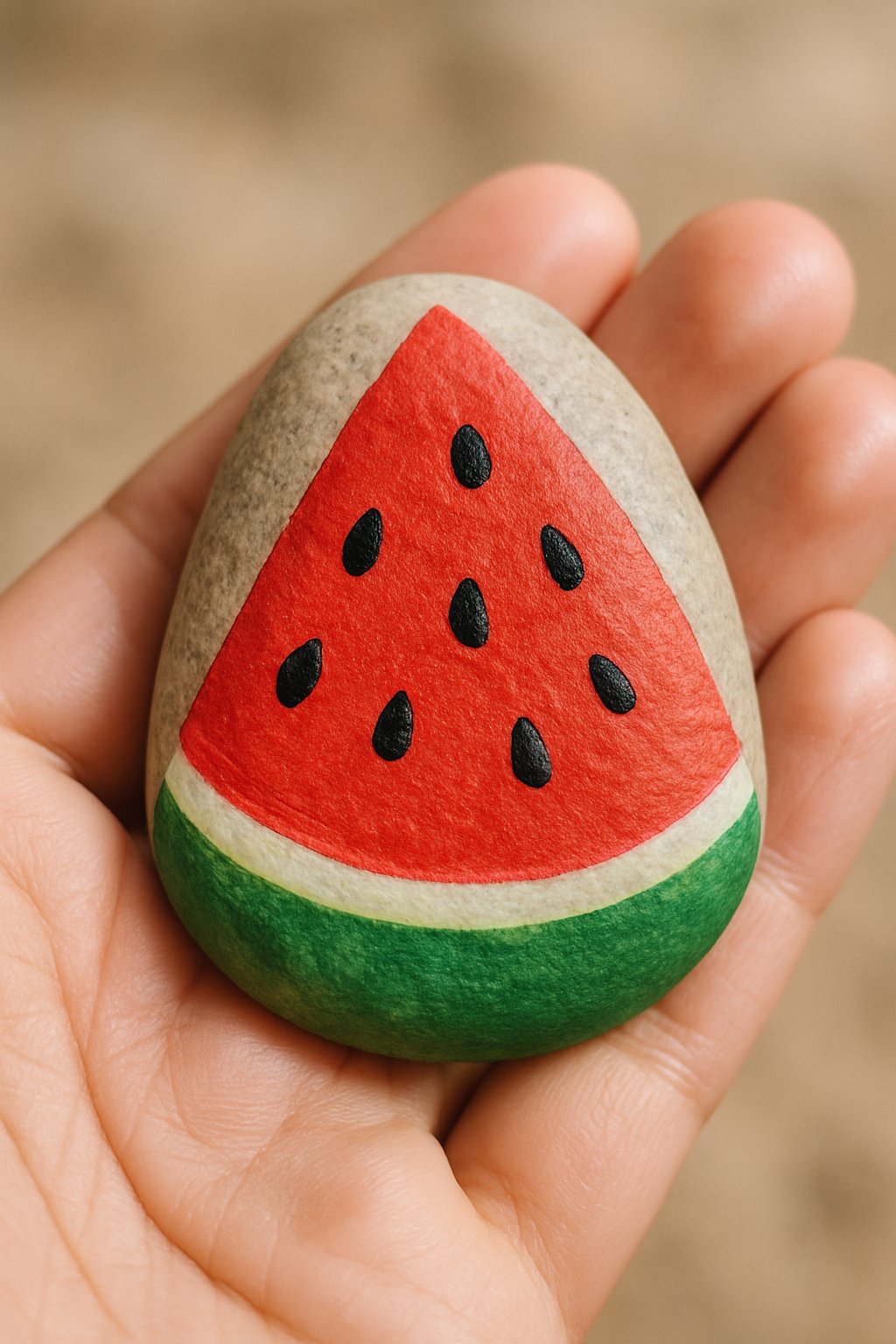 A hand holding a smooth river rock painted to look like a watermelon slice.