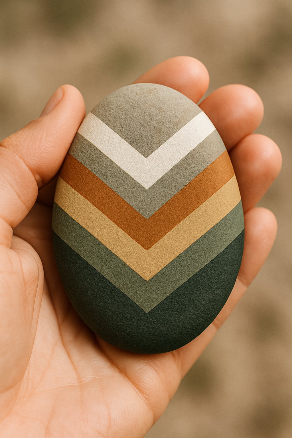 A hand holding a smooth river rock painted with a layered chevron pattern.