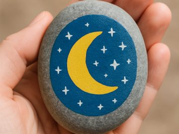 A hand holds a smooth gray stone painted with a yellow crescent moon and white stars on a blue background.