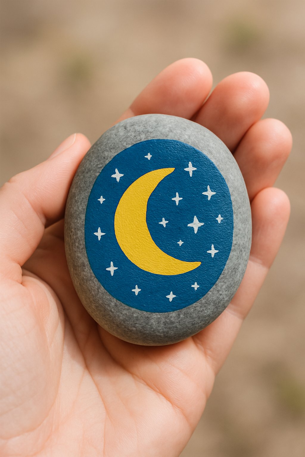 A hand holding a smooth river rock painted with a crescent moon and stars design.