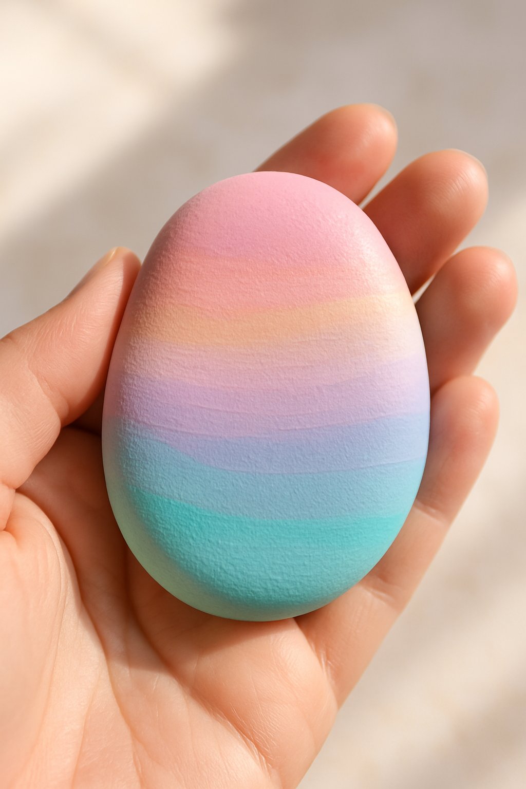 A hand holding a smooth painted river rock with pastel ombre colors.