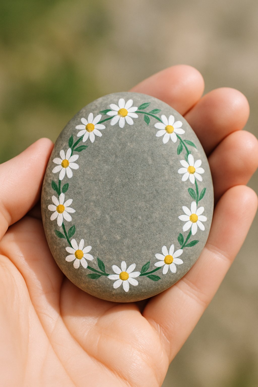 A hand holding a smooth river rock painted with a daisy chain border design.