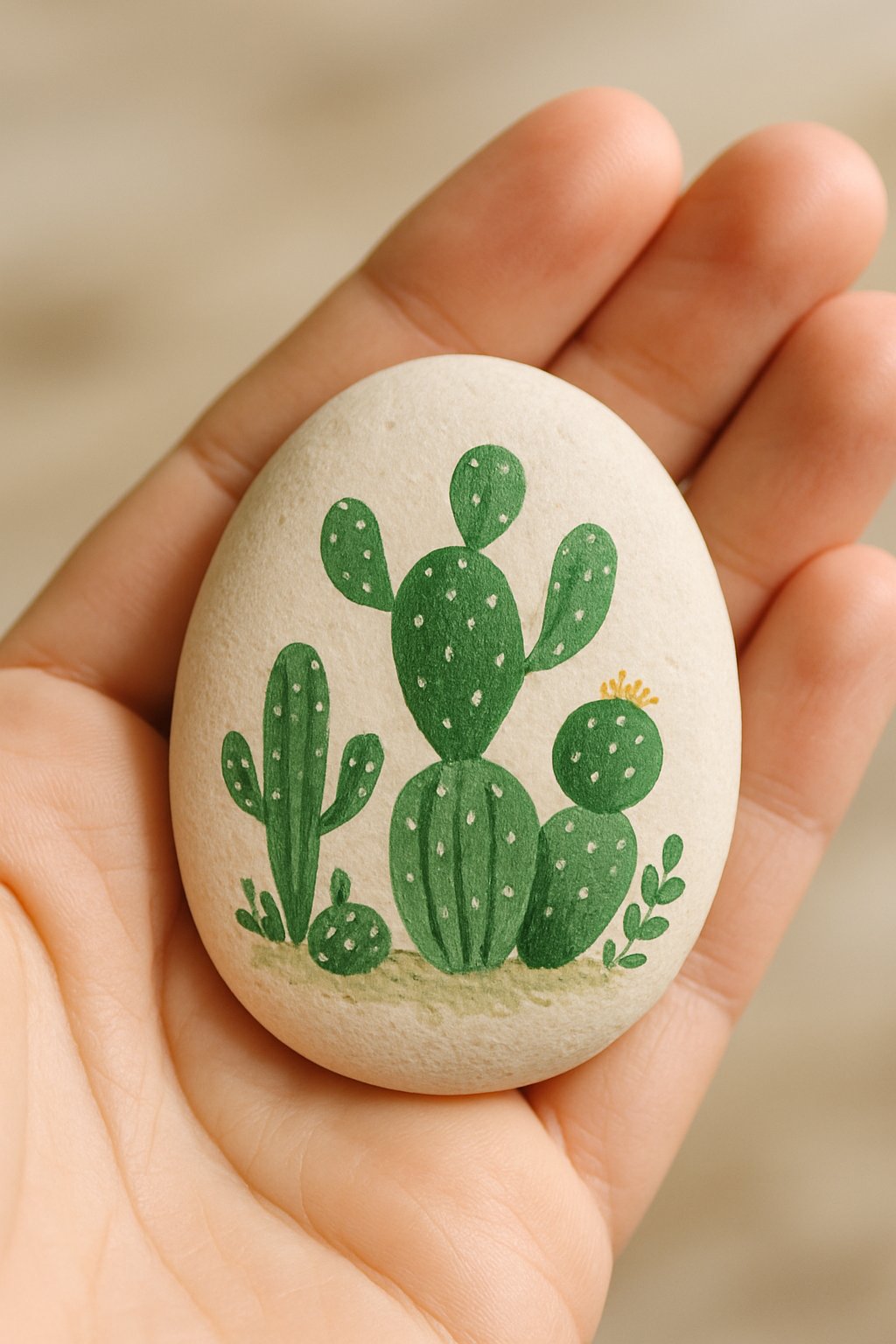 A hand holding a smooth river rock painted with a simple cactus design.