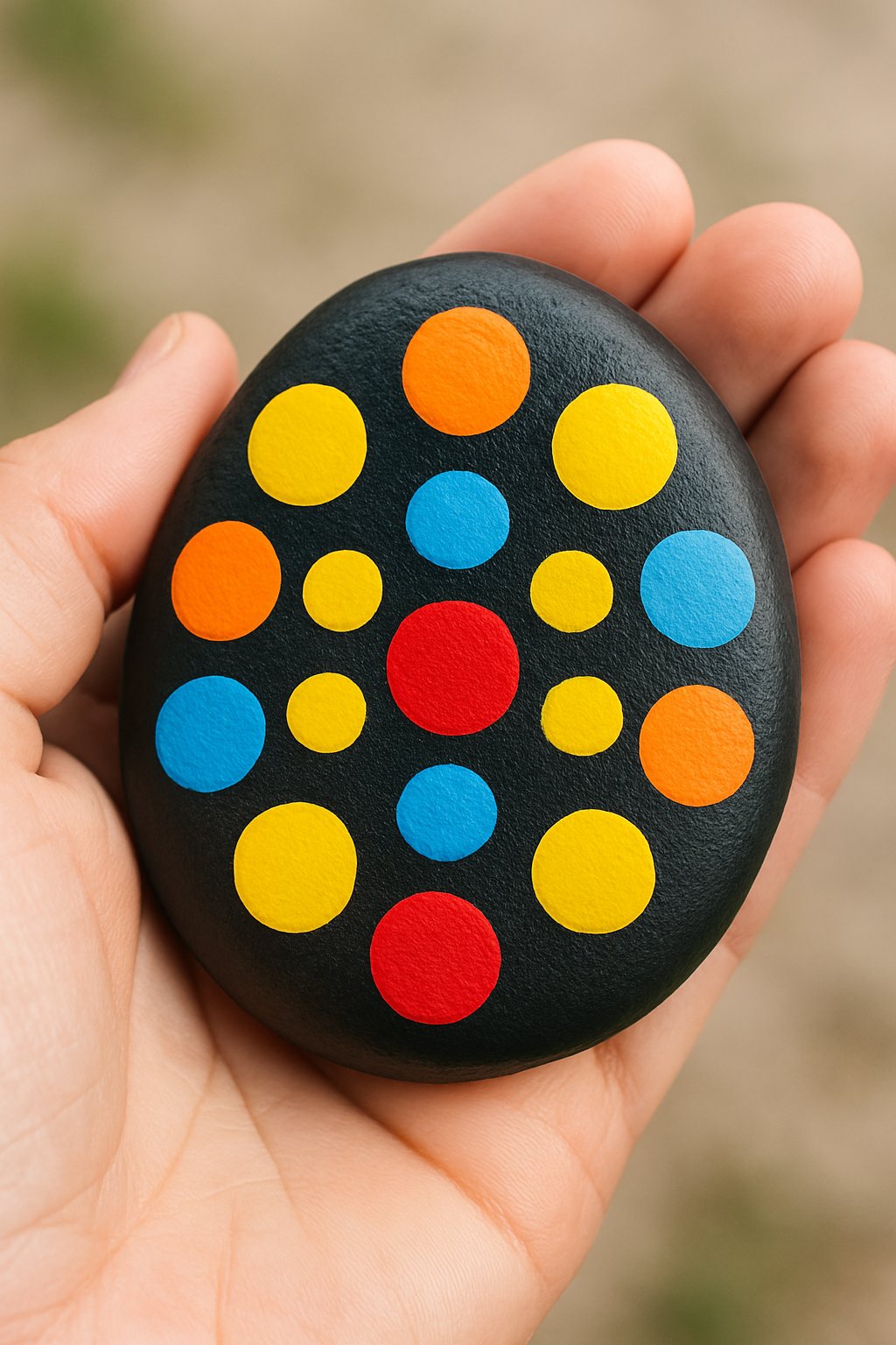 A hand holding a smooth river rock painted with colorful dots on a black background.