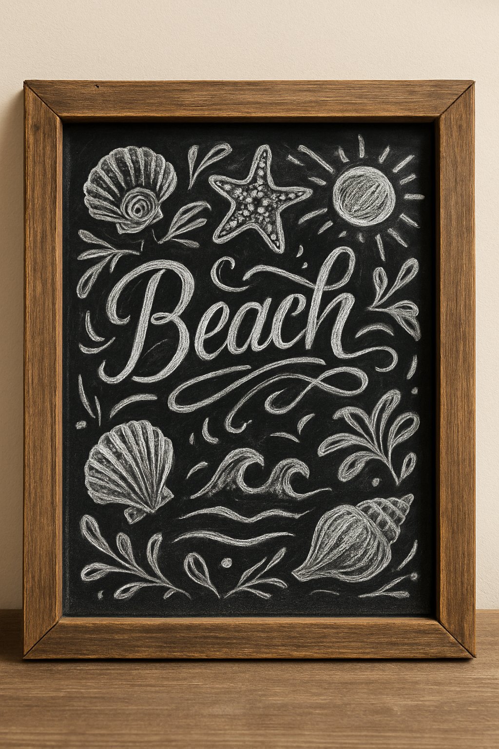 A rustic wood-framed chalkboard sign with artistic white chalk drawings of beach-themed elements like seashells and waves, displayed in natural light.