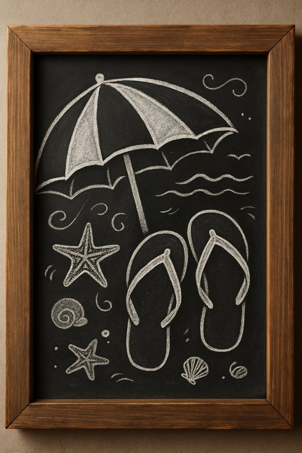 A chalkboard sign with a wood frame displaying drawings of a beach umbrella and sandals surrounded by small seashells and waves.