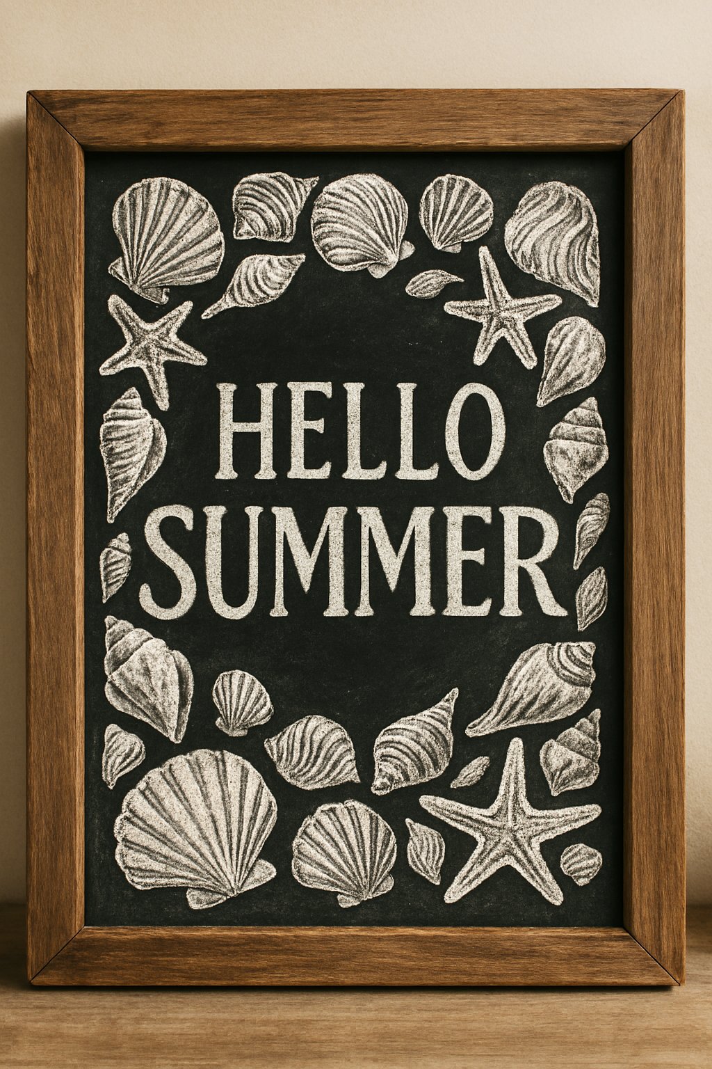 A chalkboard sign with a wooden frame decorated with a border of seashells around the edges.