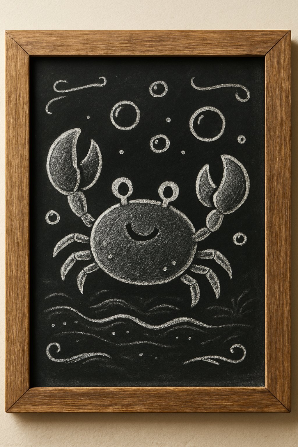 A chalkboard sign with a drawing of a cute crab surrounded by bubbles inside a wooden frame.