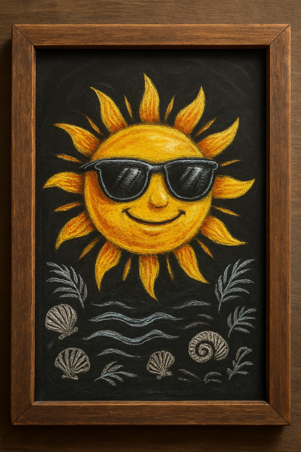 A chalkboard sign with a bright sun wearing sunglasses and beach-themed drawings like waves and seashells, framed in rustic wood.