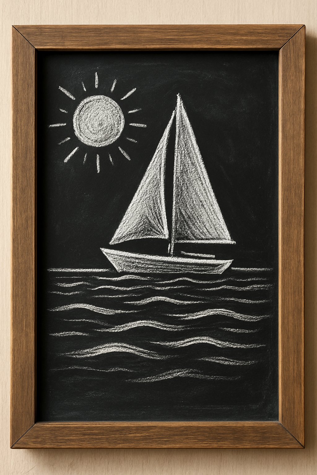 A chalkboard sign with a wood frame showing a sailboat on the horizon above calm ocean waves.