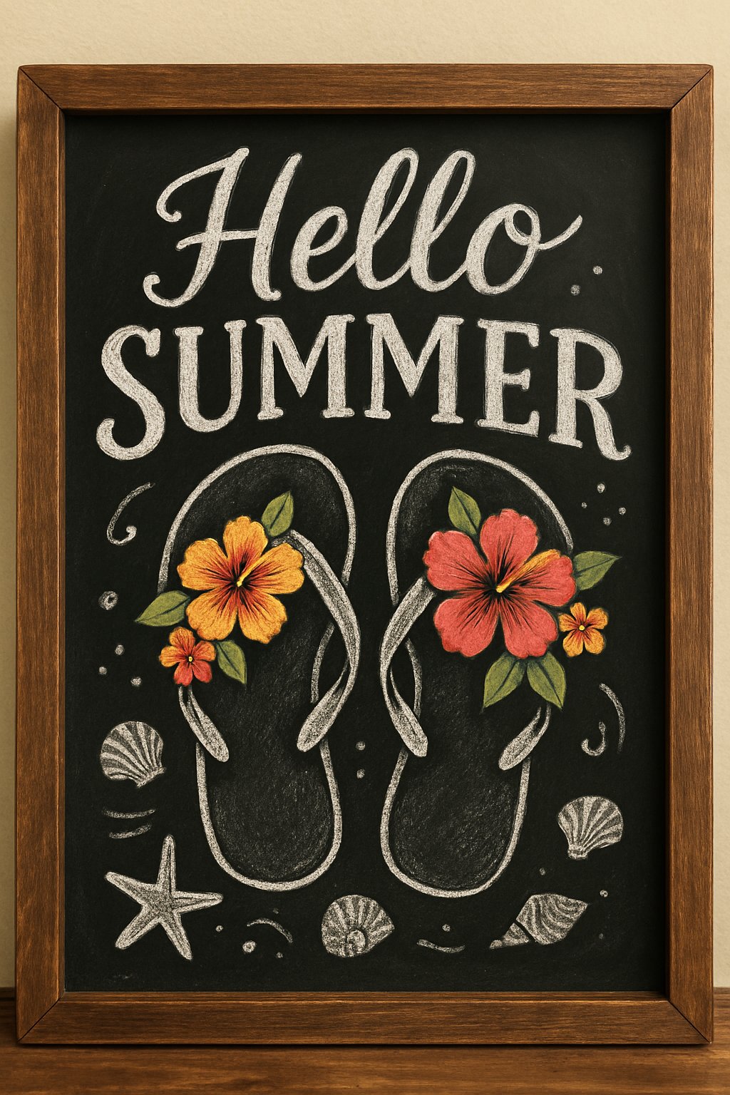 A wooden framed chalkboard displaying artistic drawings of flip flops decorated with summer flowers and beach-themed elements.
