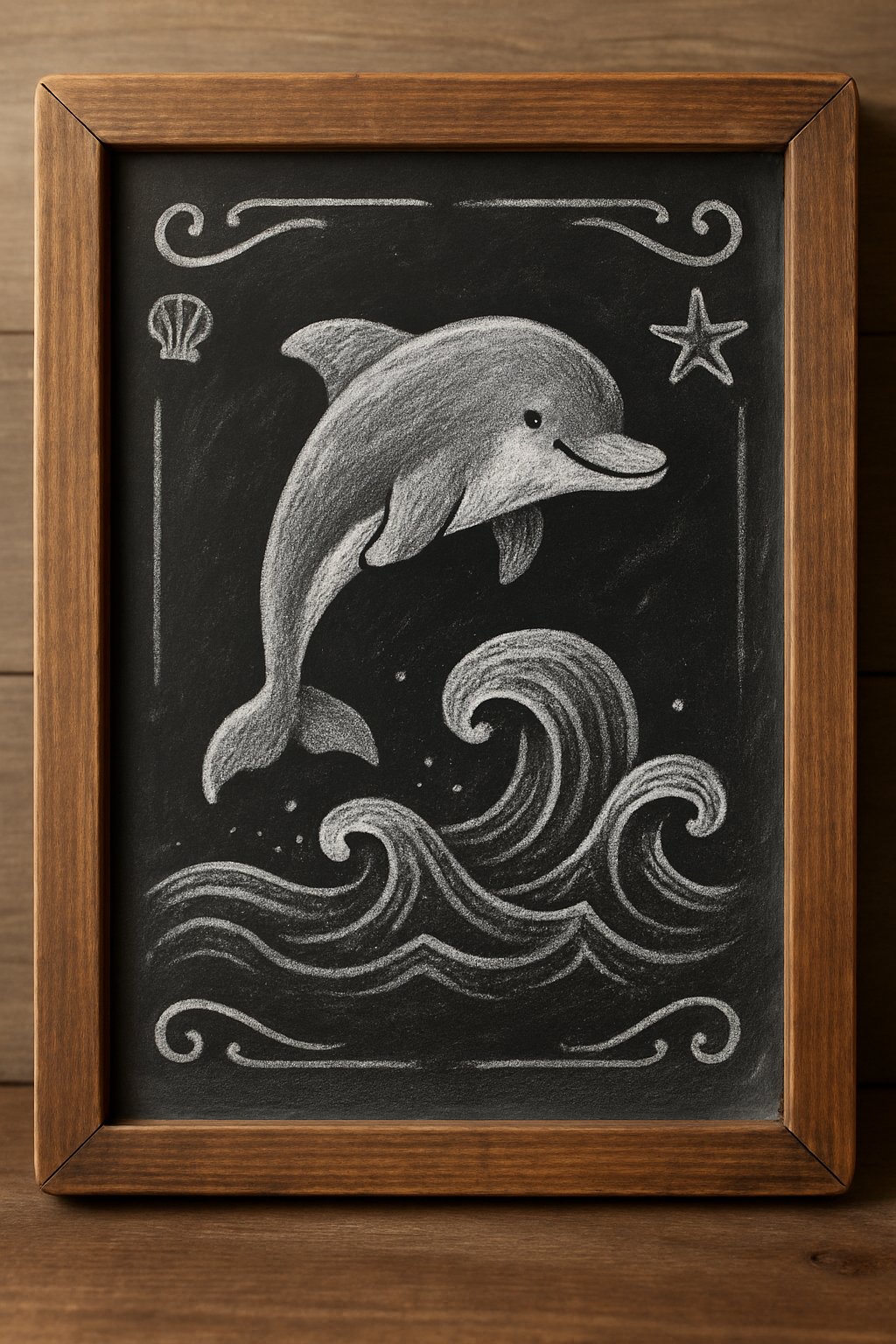 A wood framed chalkboard sign with a drawing of a dolphin jumping over waves and small beach-themed sketches around it.