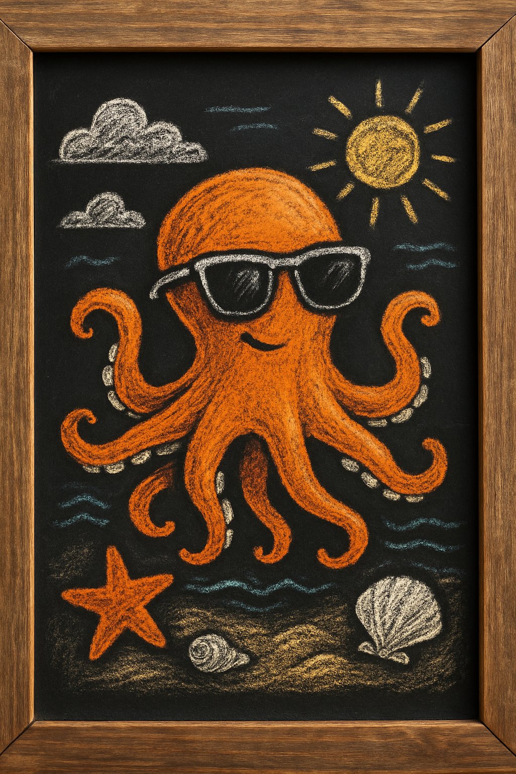 A chalkboard sign with a drawing of a friendly octopus wearing sunglasses, surrounded by beach elements like seashells and waves.