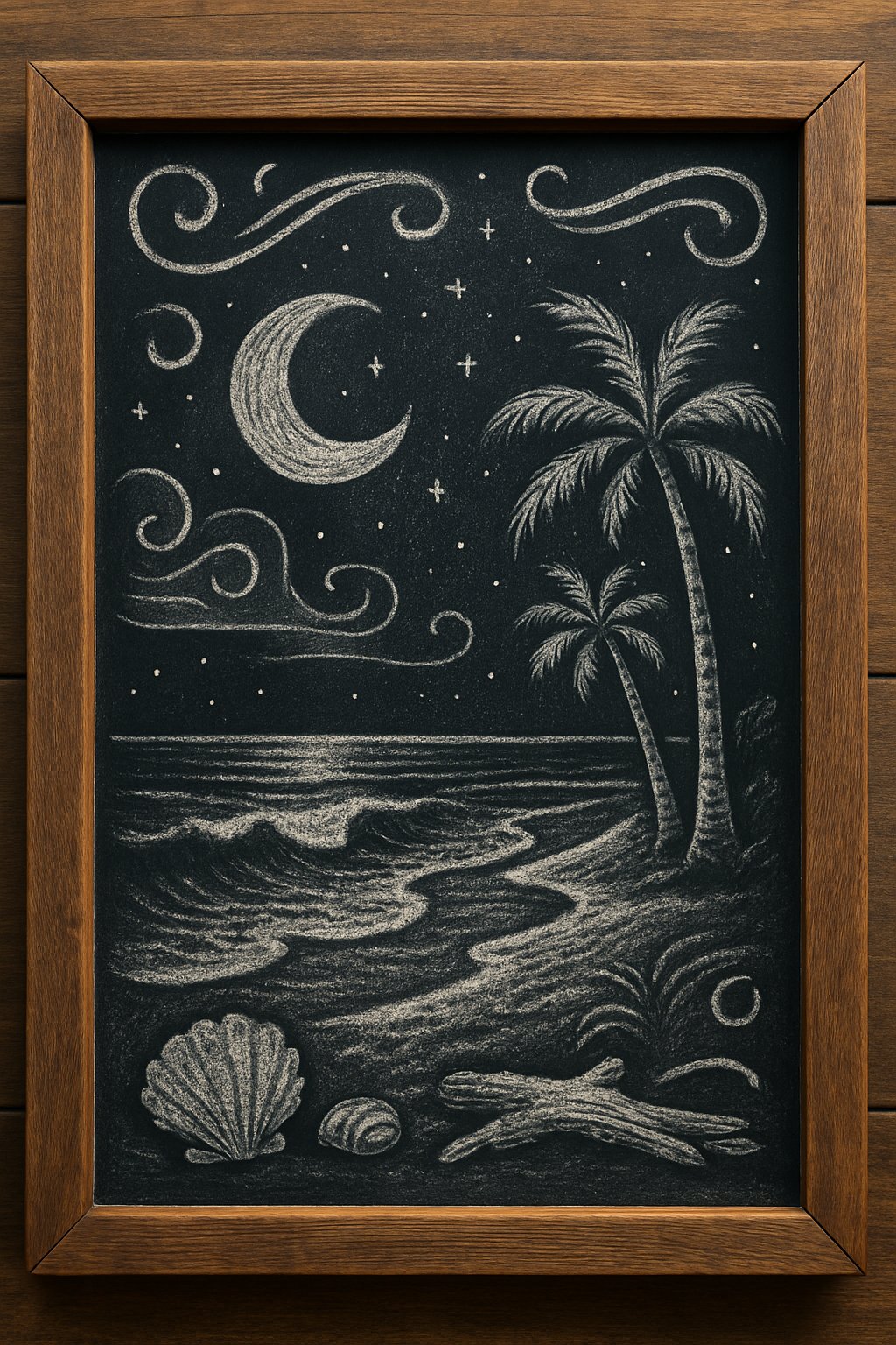 A chalkboard sign showing a night beach scene with stars, waves, and palm trees under a dark sky.