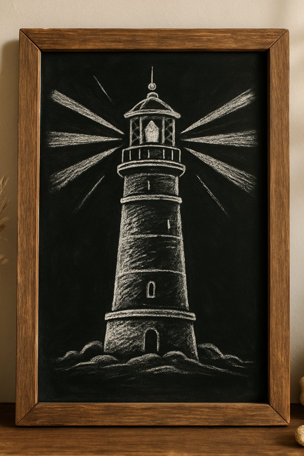 A chalkboard sign showing a lighthouse with beams of light shining out, framed by a wooden border.