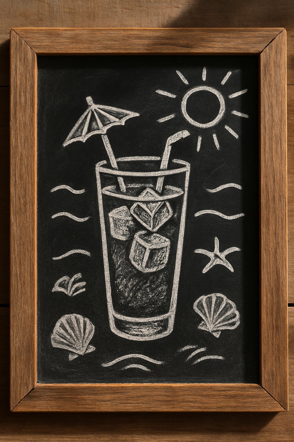 A wooden framed chalkboard sign displaying a drawing of a summer cocktail with an umbrella and beach-themed decorations like seashells and waves.