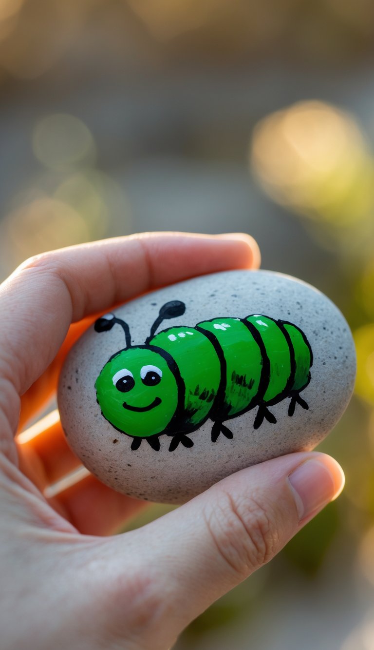 A hand holding a smooth oval rock painted to look like a green caterpillar.
