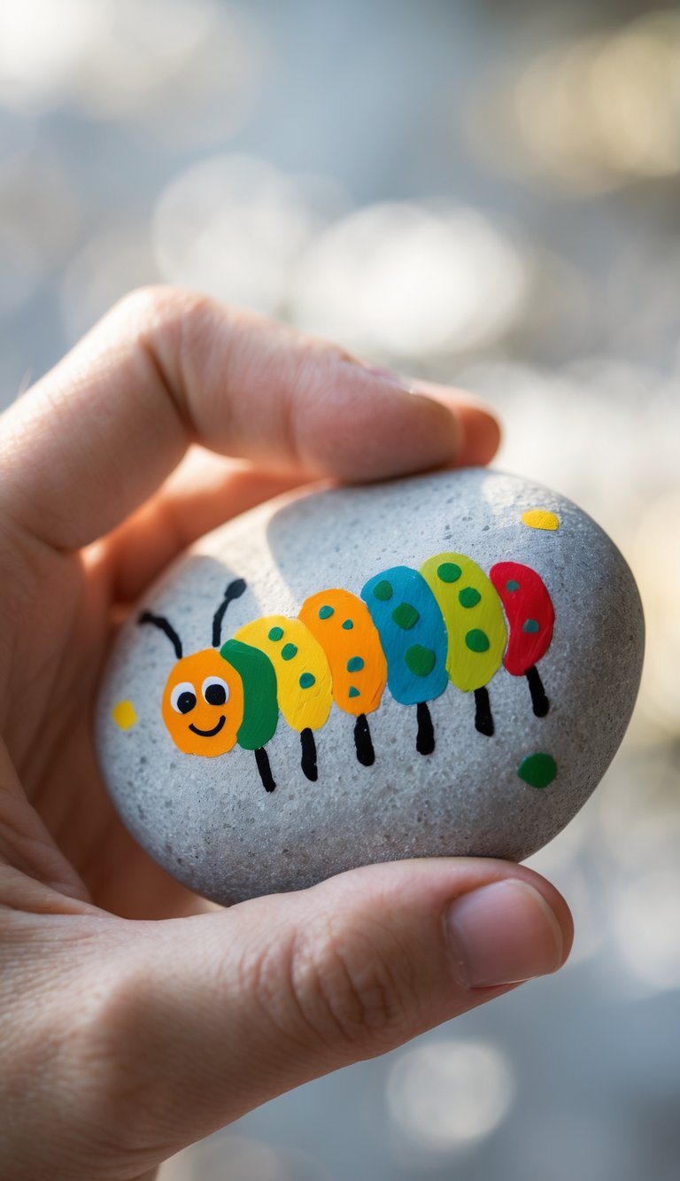 A hand holding a smooth river rock painted with colorful stripes and spots.