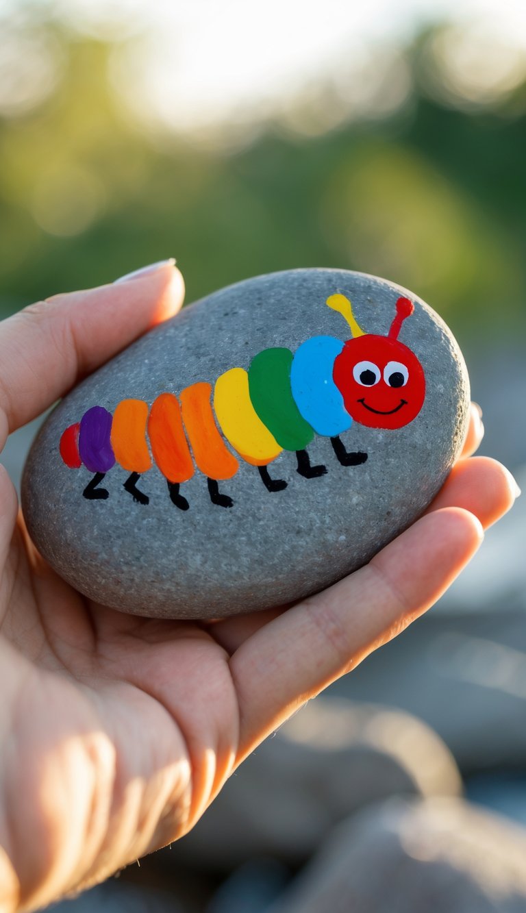 A hand holding a smooth river rock painted with a colorful caterpillar design.