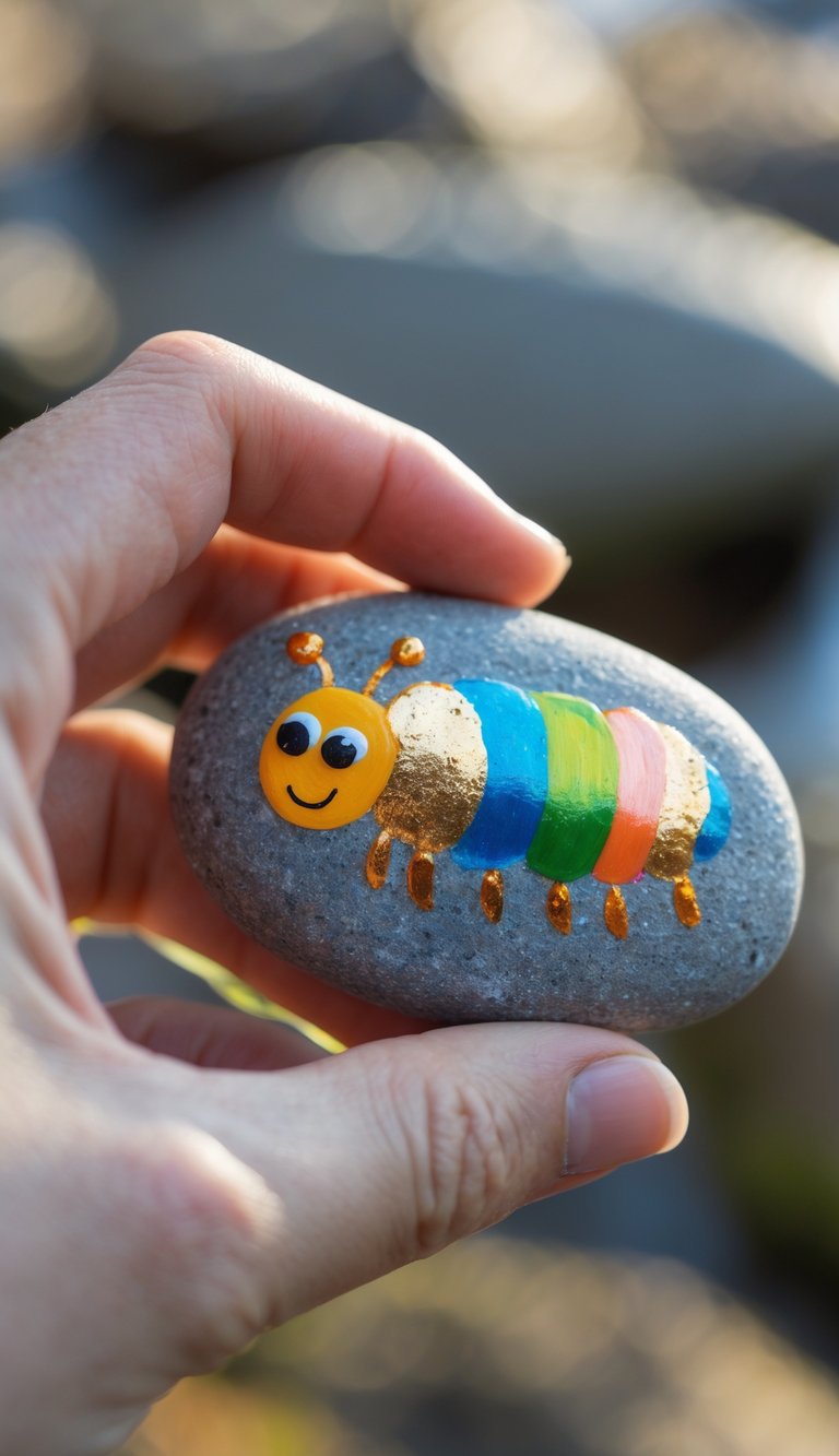 A hand holding a smooth river rock painted with a simple caterpillar design.