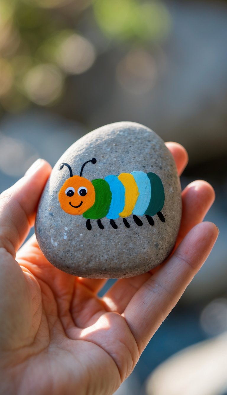 A hand holding a smooth painted river rock with a caterpillar design.