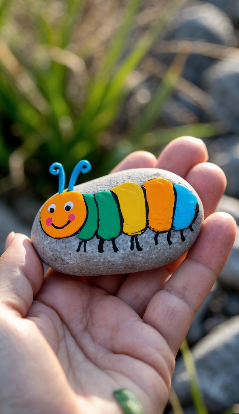A hand holding a small painted rock with a colorful caterpillar design outdoors.