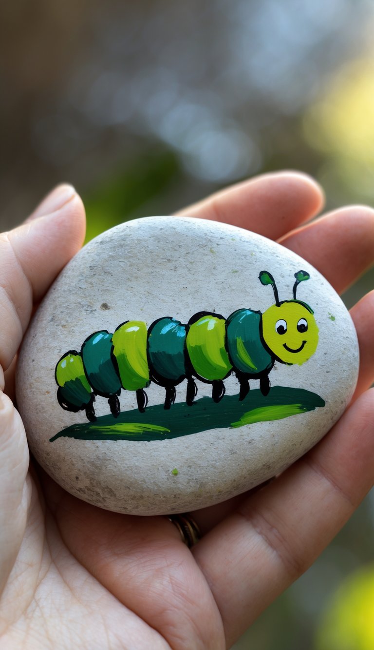 A hand holding a smooth river rock painted with a green caterpillar design.