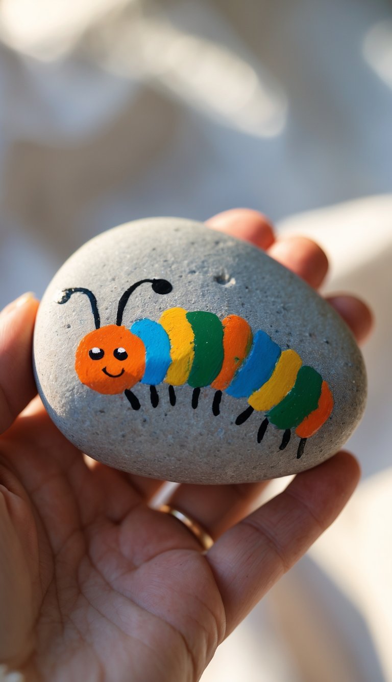 A hand holding a smooth river rock painted with a colorful caterpillar design.