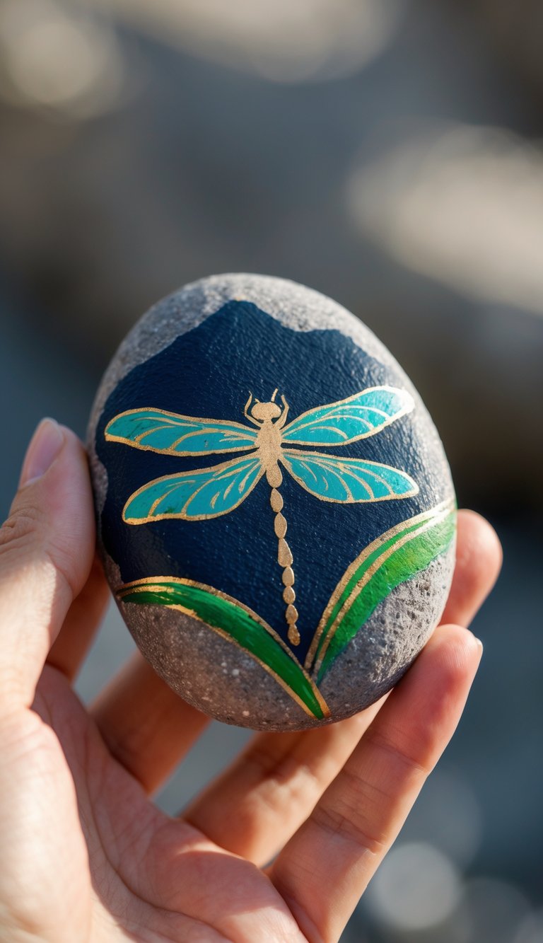 A hand holding a smooth river rock painted with a blue and green dragonfly design.