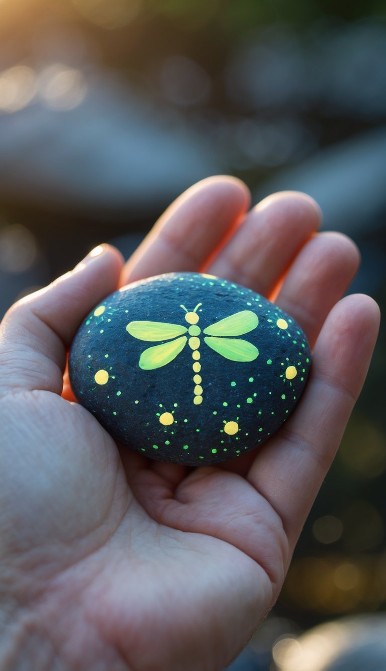 A hand holding a smooth painted river rock with small glowing dots on its surface.