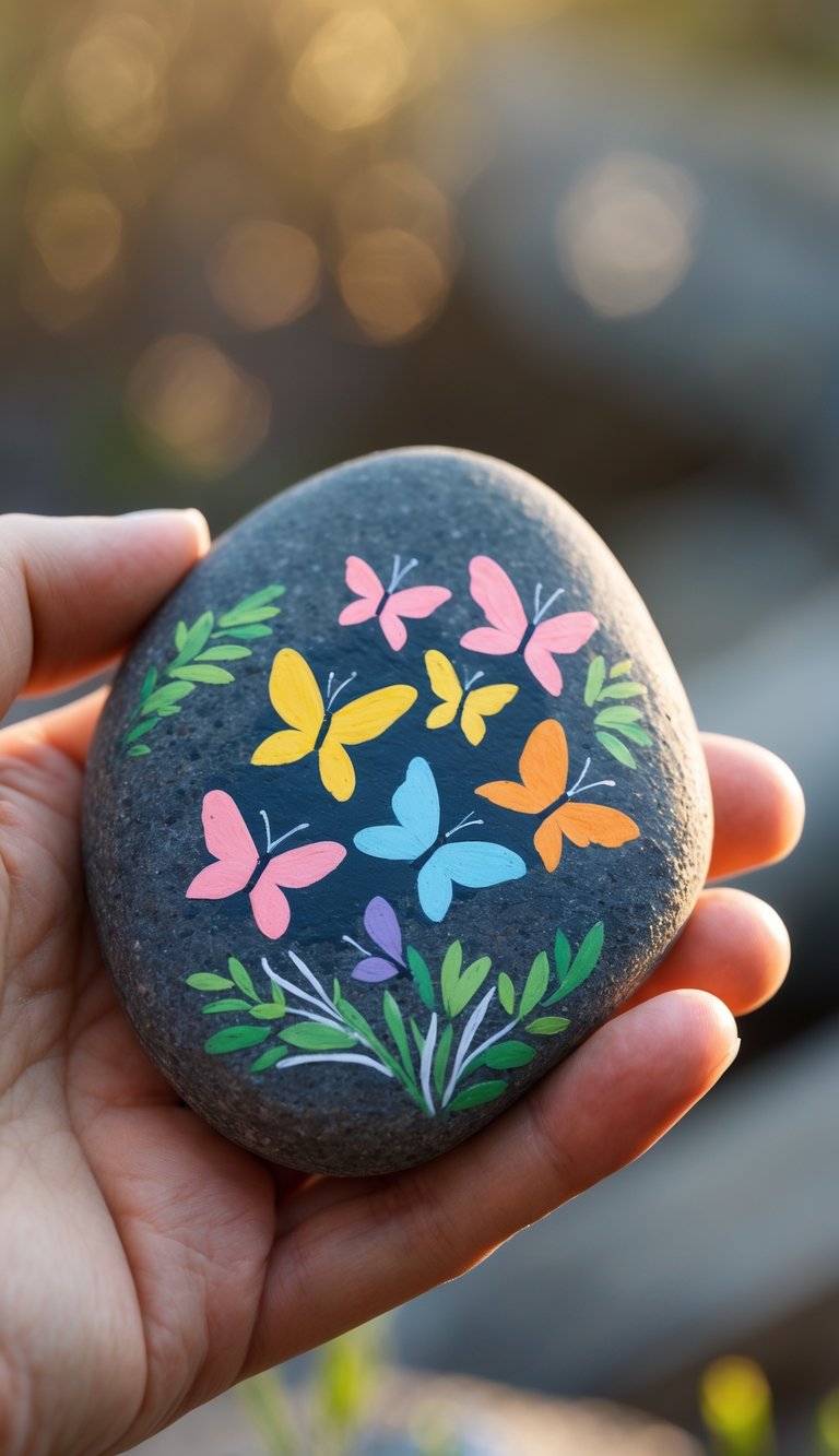 A hand holding a smooth river rock painted with colorful butterflies.