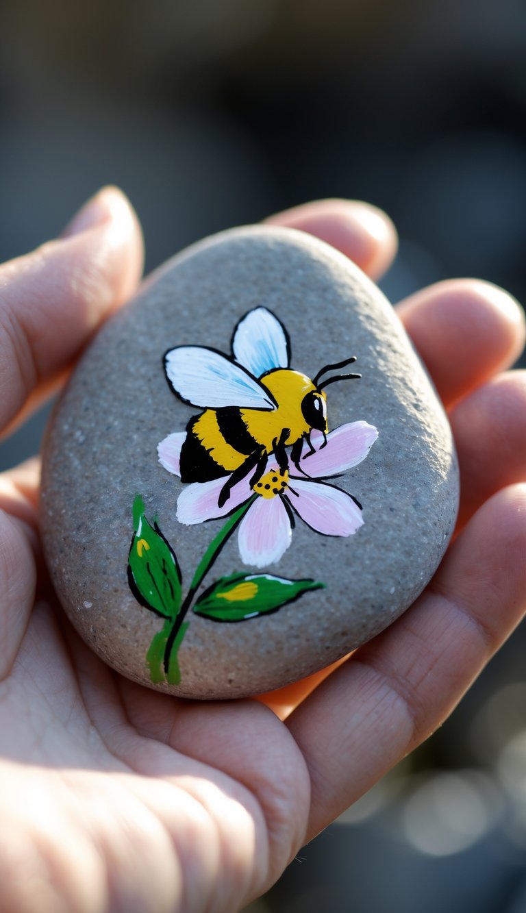 A hand holding a smooth river rock painted with a bumblebee on a flower petal.