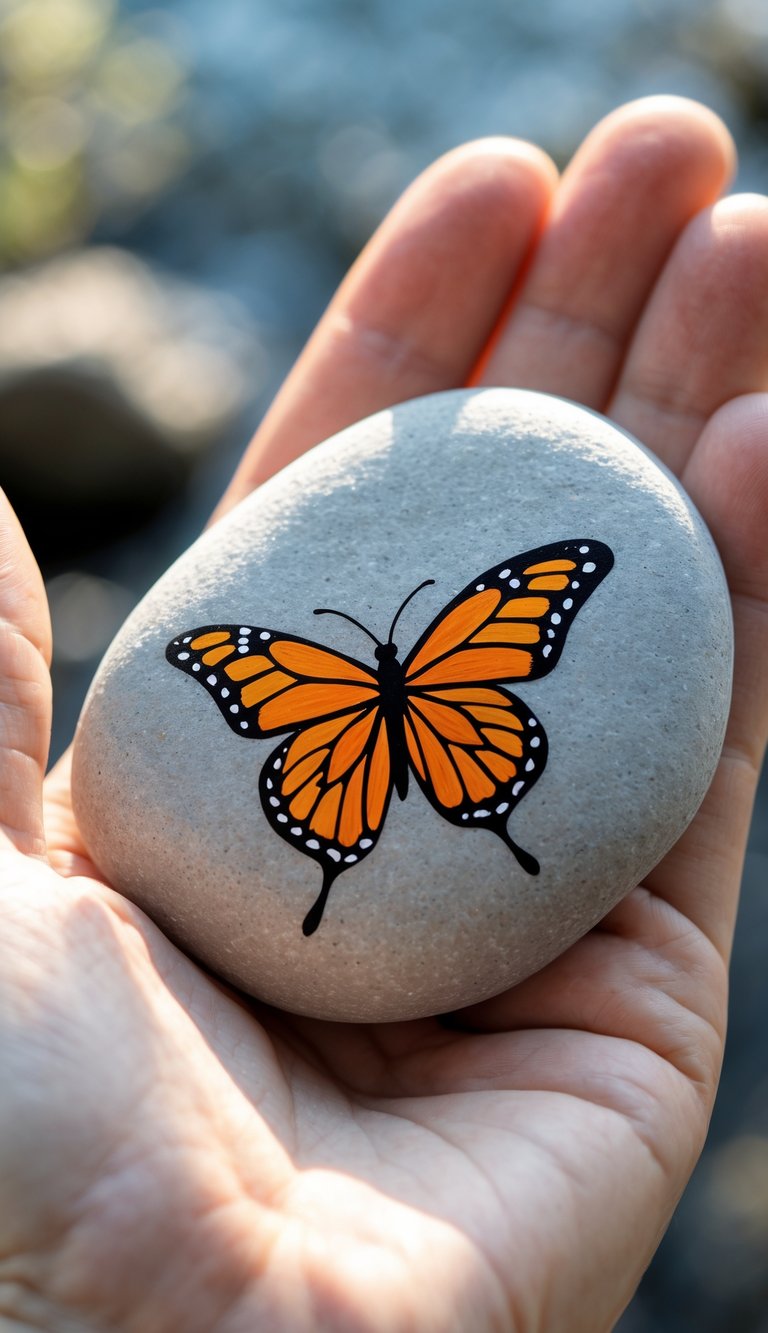A hand holding a smooth river rock painted with an orange and black monarch butterfly.