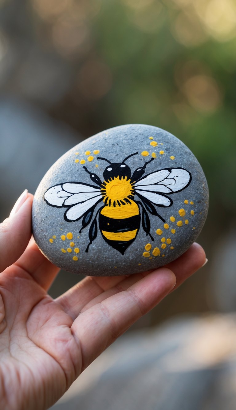 A hand holding a smooth river rock painted with a honeybee design.