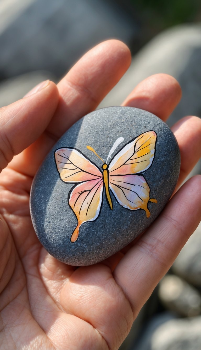 Hand holding a smooth river rock painted with a butterfly design.