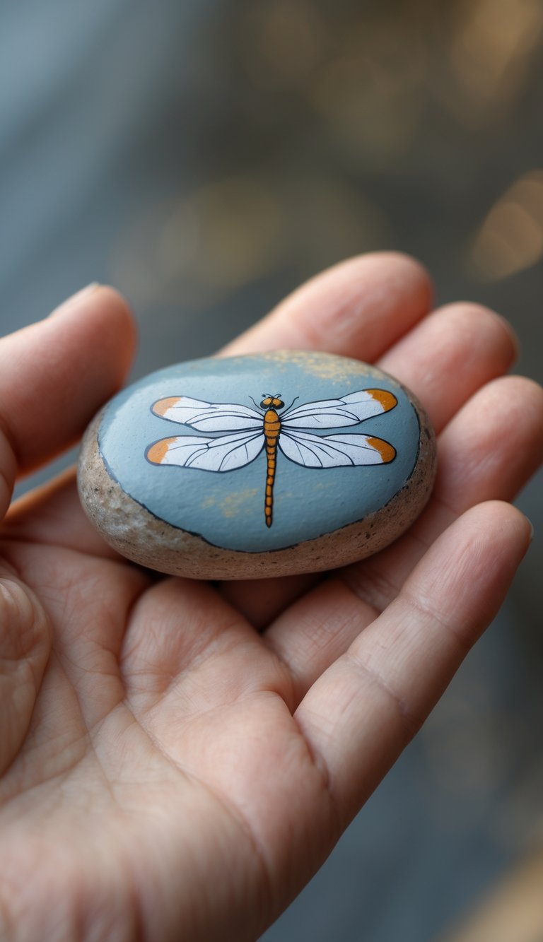 A hand holding a smooth river rock painted with a dragonfly design.