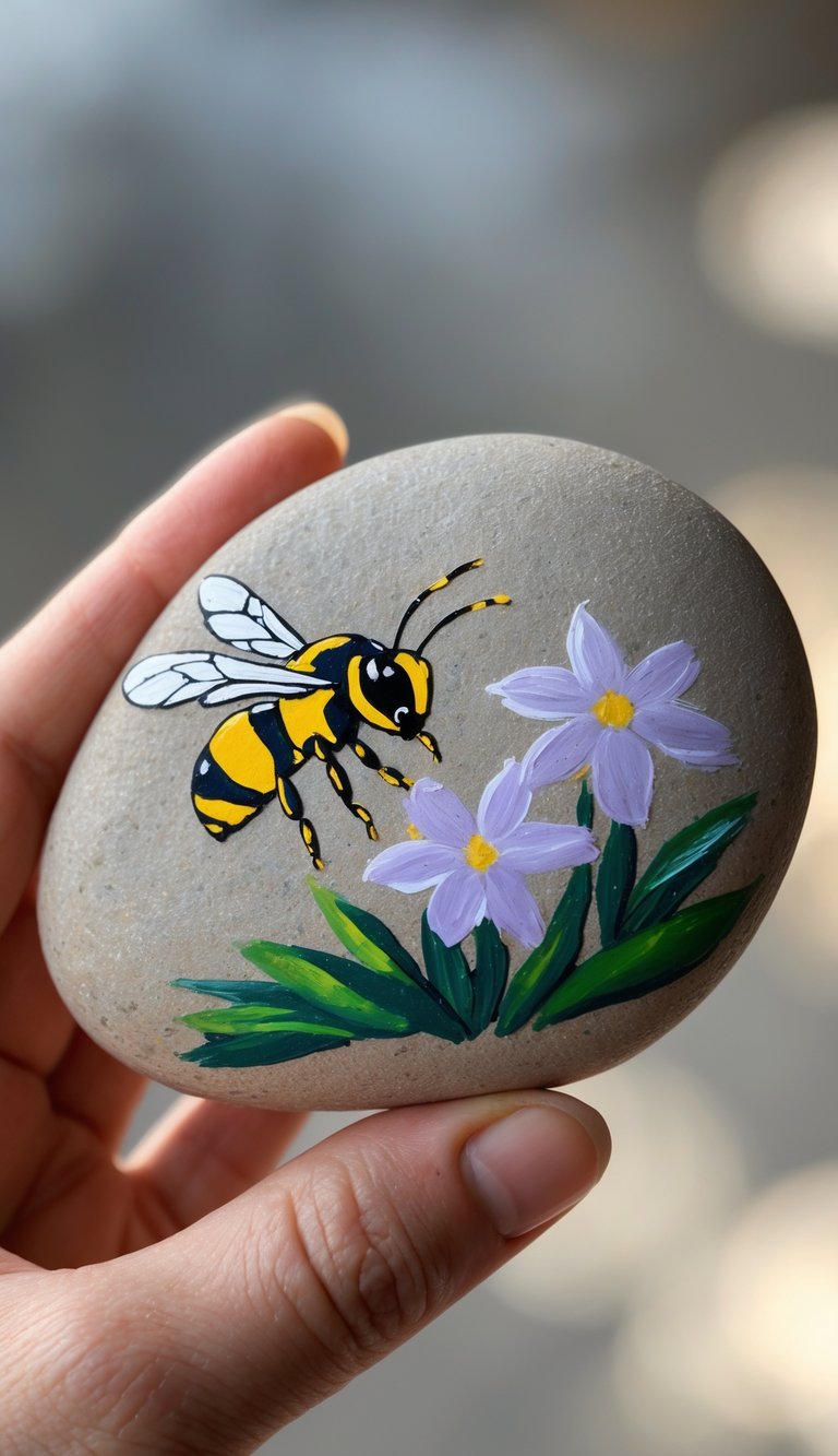 A hand holding a smooth river rock painted with a wasp hovering over purple flowers.