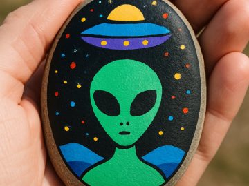A hand holding an oval rock painted with a green alien, a flying saucer above its head, and colorful dots representing stars against a black background.