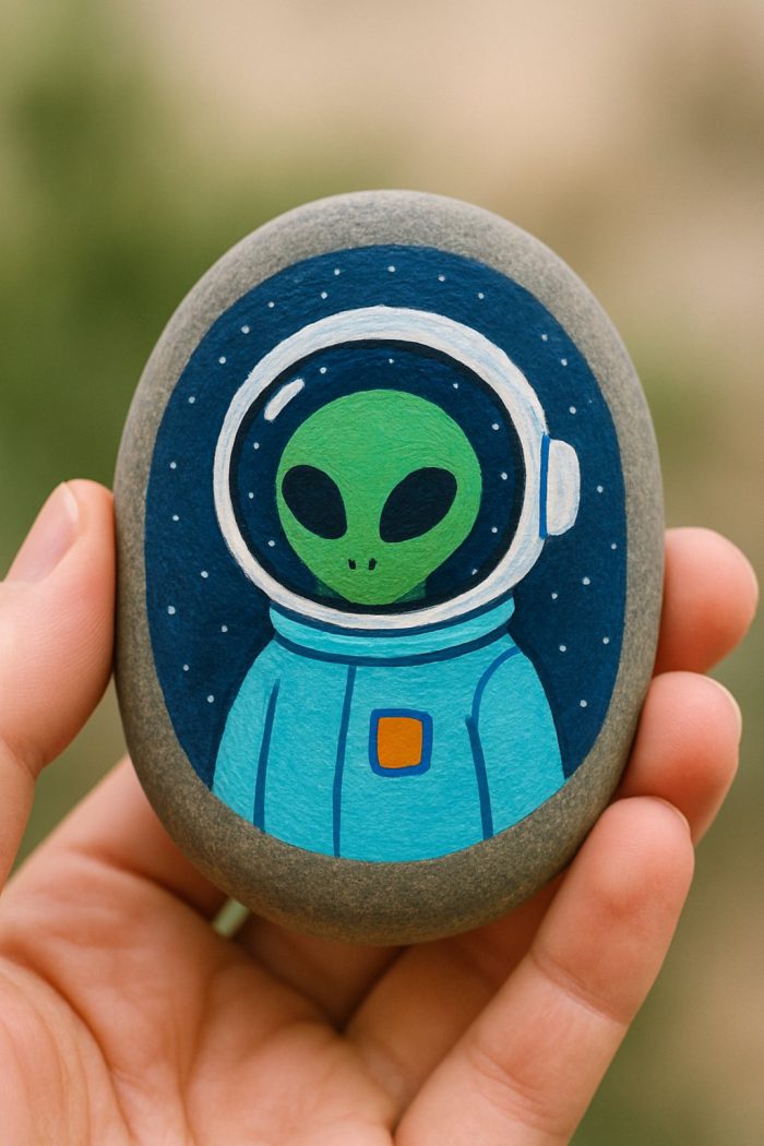 A hand holds a painted rock featuring a green alien in a blue spacesuit and helmet, set against a starry dark blue background.