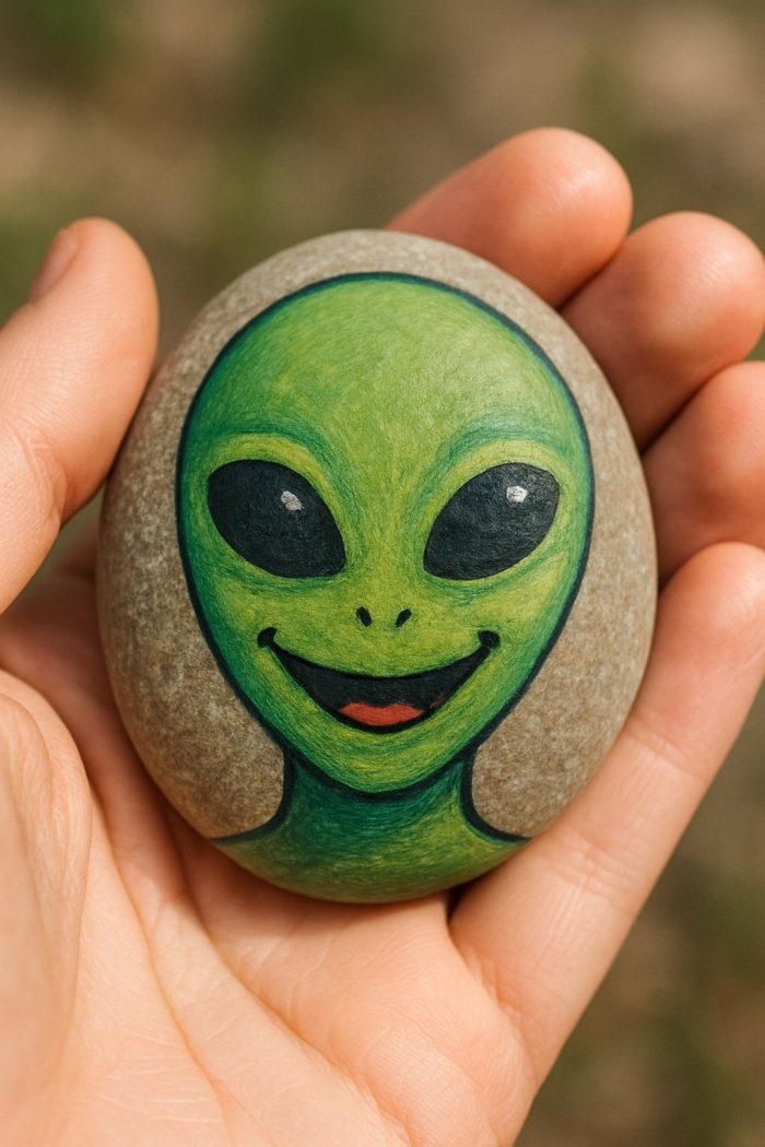 A hand holds a smooth stone painted with a smiling green alien face, featuring large black eyes and a small red mouth.